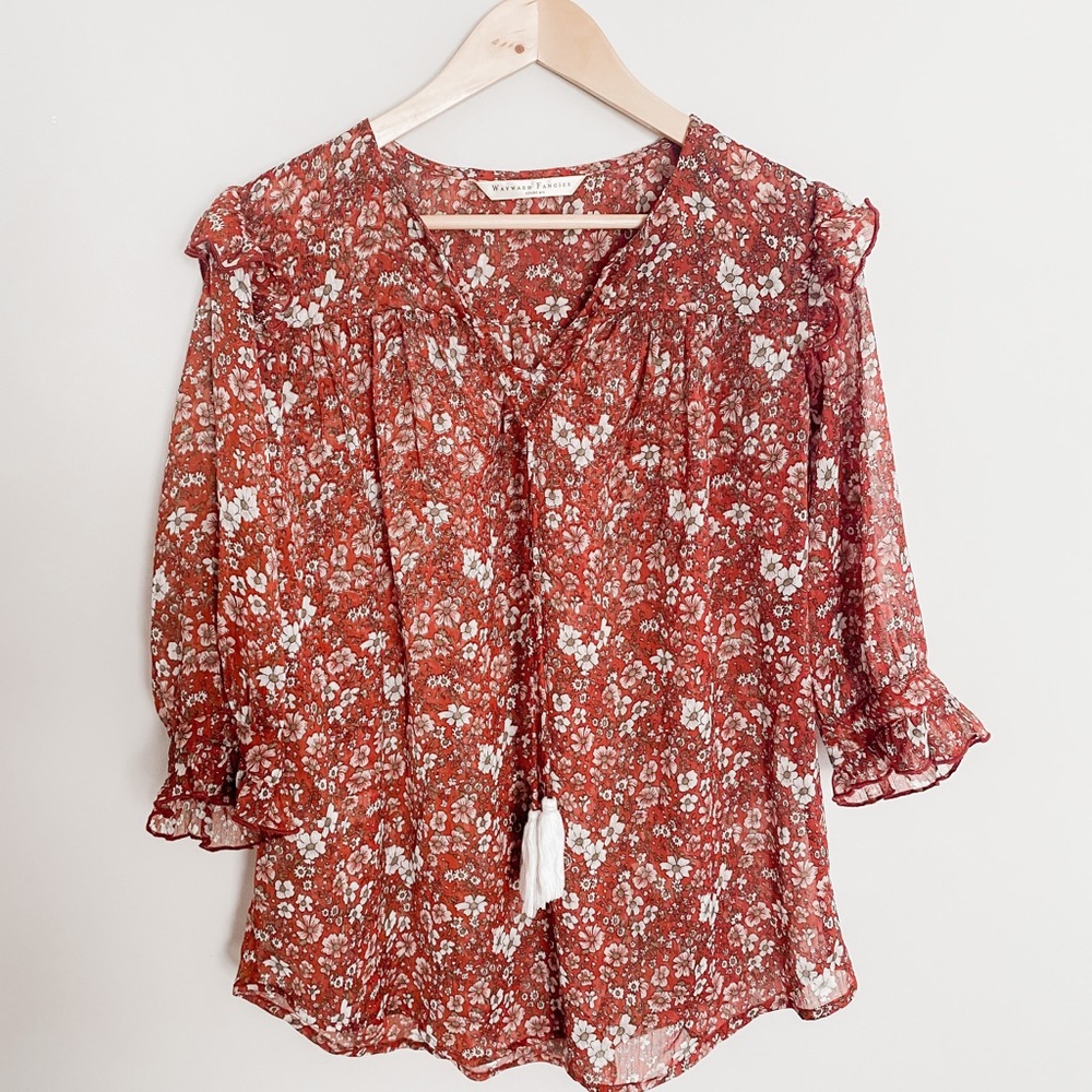 Wayward Fancies eShakti | Burnt Umber Floral Crepe de Chine Peasant Top | M-10